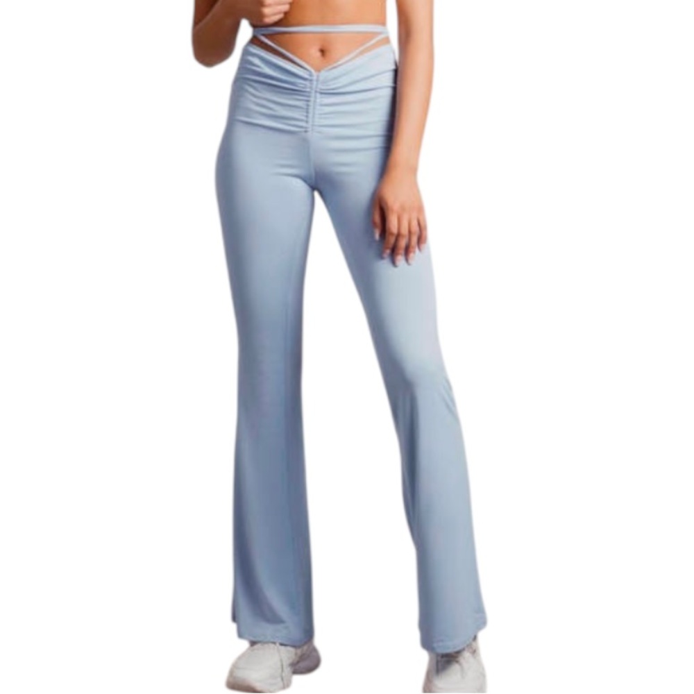 ALO YOGA Blue Flared Boot Cut Ruched Waist Tie Pants